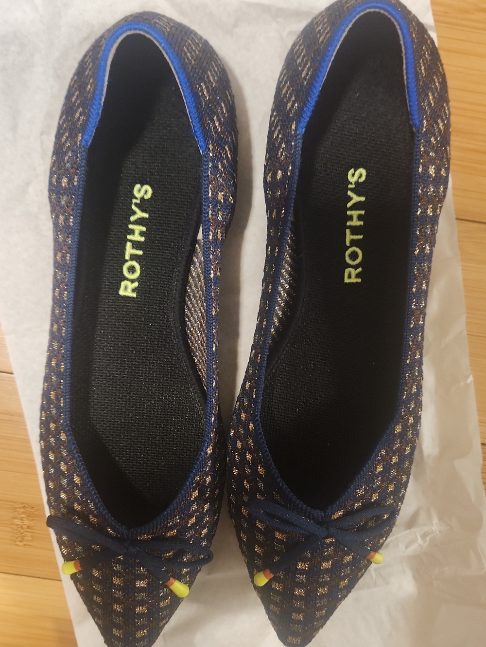 Rothy's Navy and Gold Pointed Knit Ballet Flats 8.5